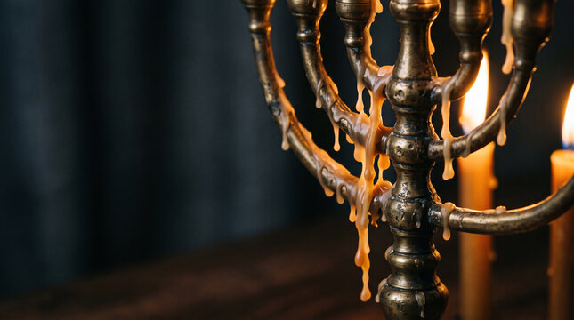 Close-up of a bronze menorah with melting wax candles, warm glow and dark background, suitable for Hanukkah celebrations, religious events and tradition