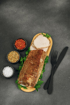 High-protein roasted pork loin served with tasty sauces, styled for food photography