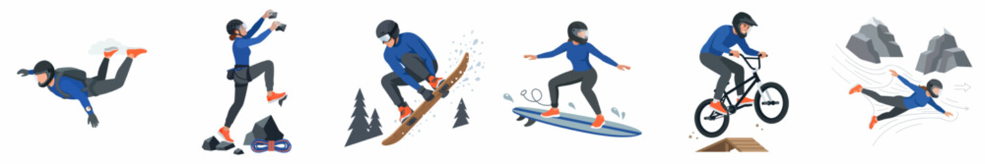 Fototapeta premium Set of Flat Vector Illustrations Featuring Extreme Sports Like Skydiving, Rock Climbing, Snowboarding, Surfing, BMX Biking, and Wingsuit Flying