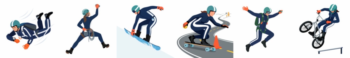 Fototapeta premium Collection of Flat Vector Illustrations Featuring a Woman in Various Extreme Sports such as Skydiving Snowboarding and Climbing
