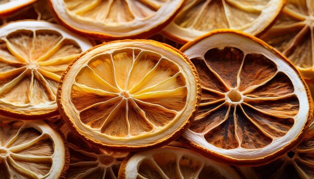 close up background of dehydrated citrus slices with texture featuring dried natural lemon rings