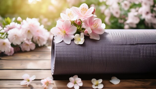 yoga mat lying on wooden surface with flowers