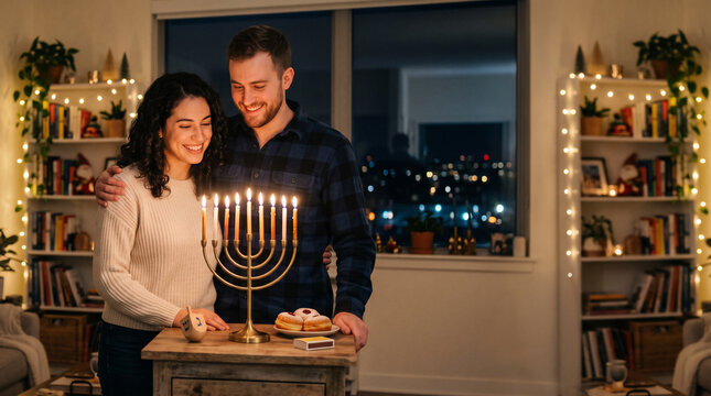 Happy couple lighting a golden menorah with sufganiyot, evening cozy home interior, concept for Hanukkah celebration, Jewish holidays and traditions