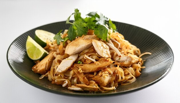 delicious plate of pad thai with chicken lime wedges and herbs served on a white background