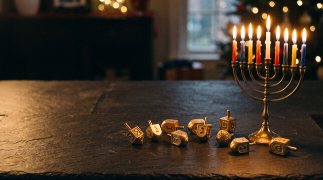 Lit gold menorah and wooden dreidels on a slate surface, glowing bokeh background, perfect for religious holidays, festive greeting cards and tradition