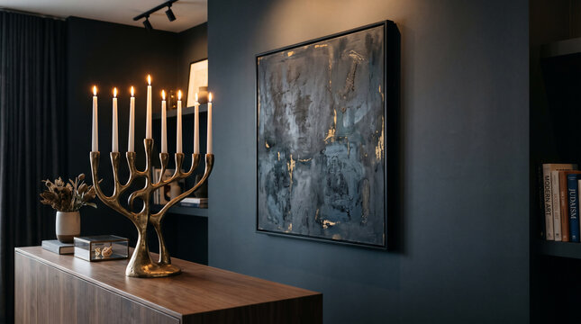 Lit gold menorah on wooden sideboard with abstract dark wall art, concept for Hanukkah celebrations, home interior design and holiday warmth