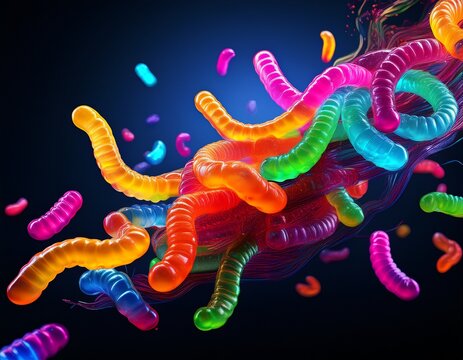 falling sour gummy worms sweet neon sugar coated jelly candies floating isolated delicious bright fun chewy snack treat and cheerful dessert