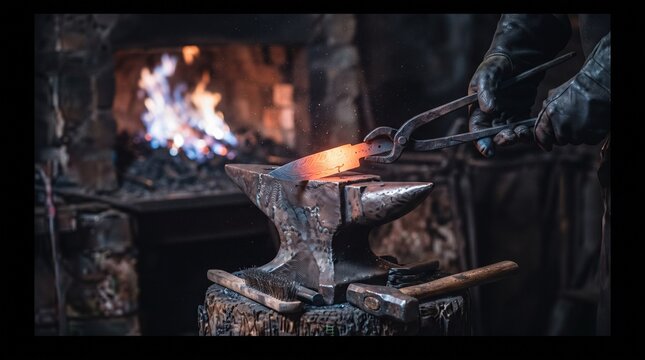 Blacksmith forging metal blade on anvil with glowing fire in background, sparks flying
