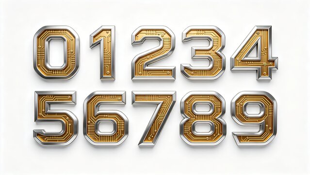 Circuit board gold core numerals 0 to 9, 3D tech typography with metal frame on white background
