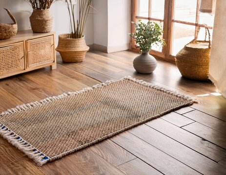 natural woven floor mat on wooden floor in cozy interior with simple rustic home decor