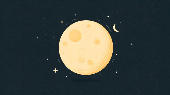 A bright yellow full moon glowing in a dark starry night sky with cute stars. Perfect illustration for children books and bedtime background designs.