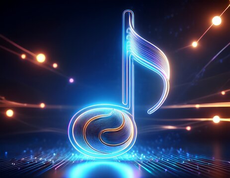 glowing neon music note symbol on dark background with futuristic digital light effect