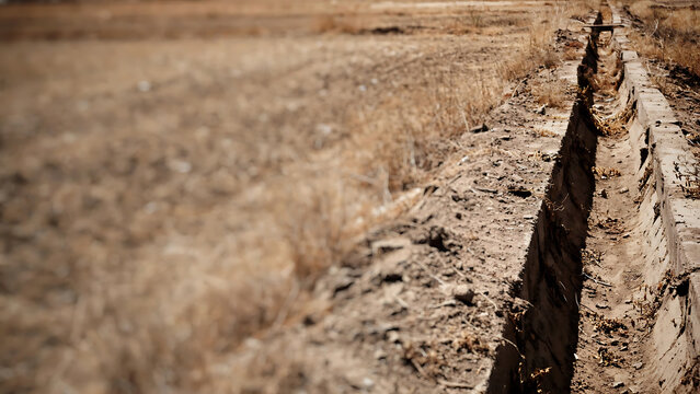 Dry Arid Farmland Irrigation Ditch with Brown Dried Grasses and Soil Leading to a Water Source