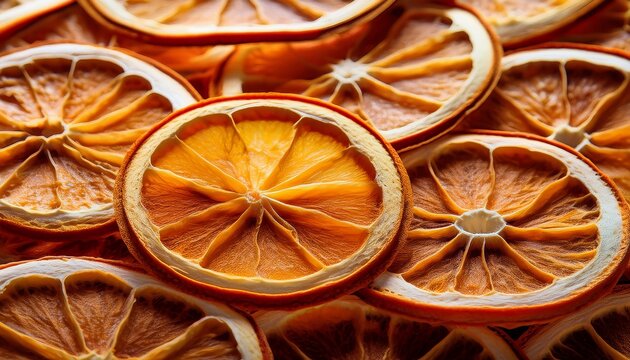 full frame close up shot of dehydrated citrus fruit orange slices arranged in a detailed pattern