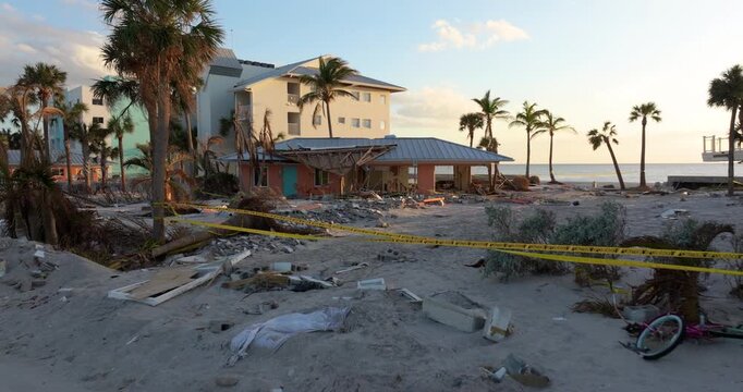 Destroyed houses on ocean coast. Hurricane Milton consequences in Englewood, Florida. Storm surge severe damage.