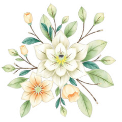 Obraz premium Watercolor floral arrangement with white flowers and leaves on black