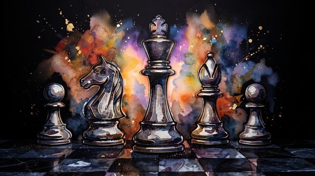 Strategic Brilliance A Vibrant Chessboard Battle Brought to Life with Explosive Artistic Splashes