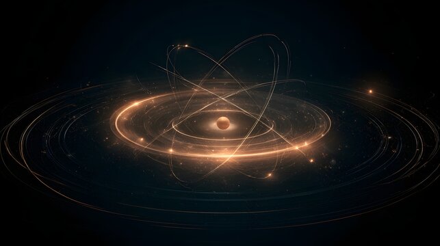 Glowing atom structure with orbiting electron rings glowing in dark space. Physics concept for scientific research and education.
