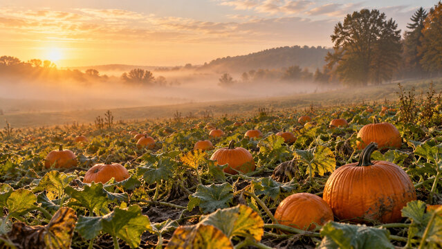 Quiet Pumpkin Patch in Soft Late September Morning Fog