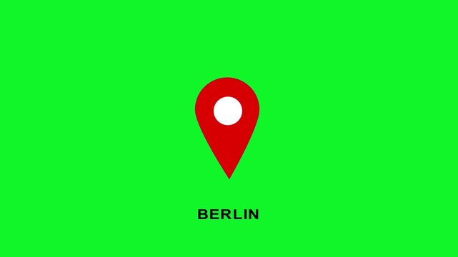 Berlin location pin animation on green screen, red map marker with destination text for travel and navigation projects