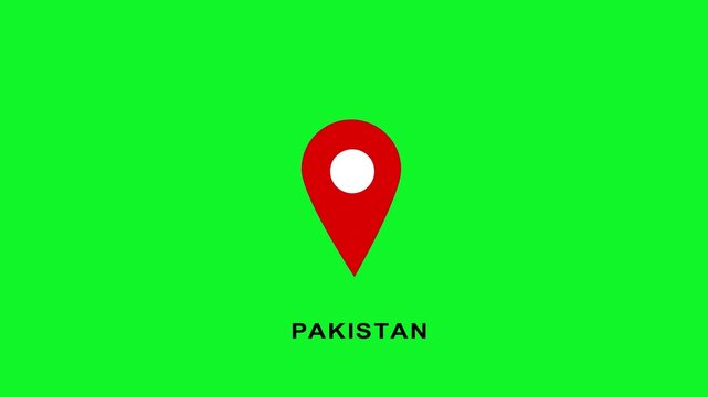 Pakistan country location pin pointer animation on green screen chroma key background, map pointer geolocation