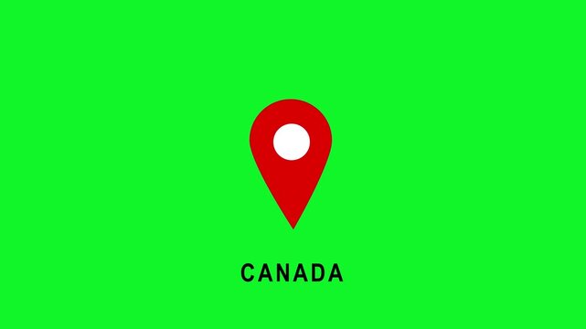 Red canada map pointer pin on green screen background, location marker animation for travel projects