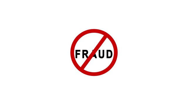 Red stop fraud sign animation on white background, prohibition symbol concept for financial security and cyber crime prevention