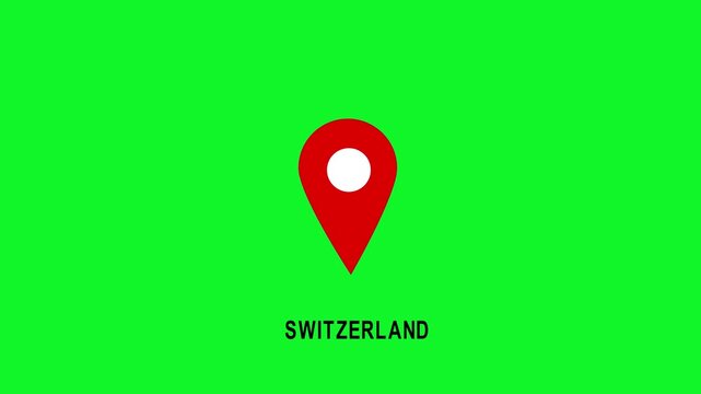Switzerland location pin animation on green screen, gps map marker and travel destination concept gps travel destination