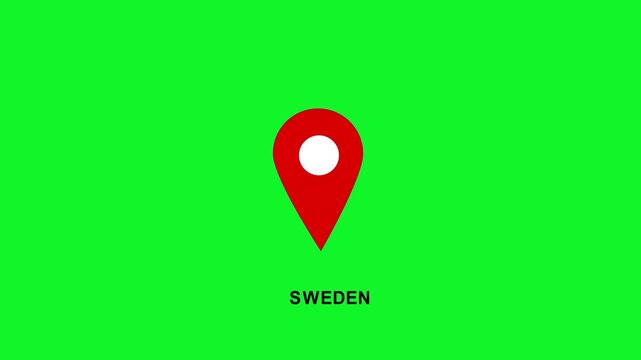 Red sweden map pin pointer animation with text on green screen chroma key background, location geography