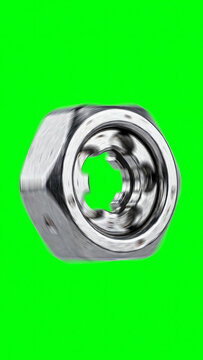 Metallic automotive wheel lock key nut spinning slowly against a bright green screen background for easy keying