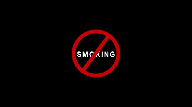 No smoking red prohibited sign animation on black background, restriction and health warning symbol