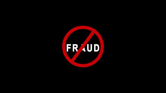 No fraud sign animation with red prohibition symbol on black background, for financial security, and scam prevention