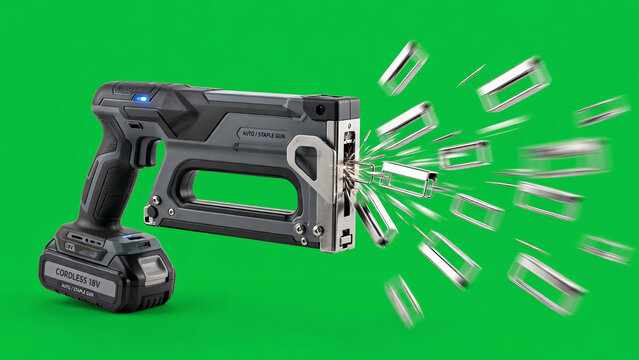 Automatic cordless staple gun firing fast staples against a solid green screen background for easy chroma keying and post production