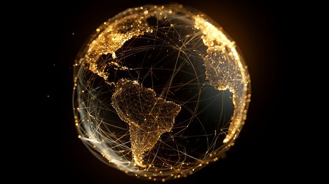 Glowing golden earth globe with interconnected light networks, representing global communication and interconnected world systems