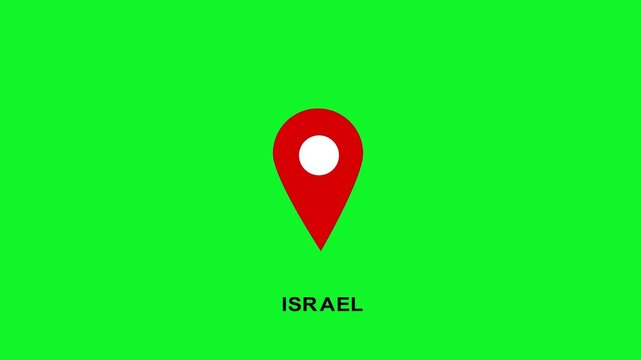 Israel red map pin pointer location on green screen chroma key background, for travel and, navigation projects