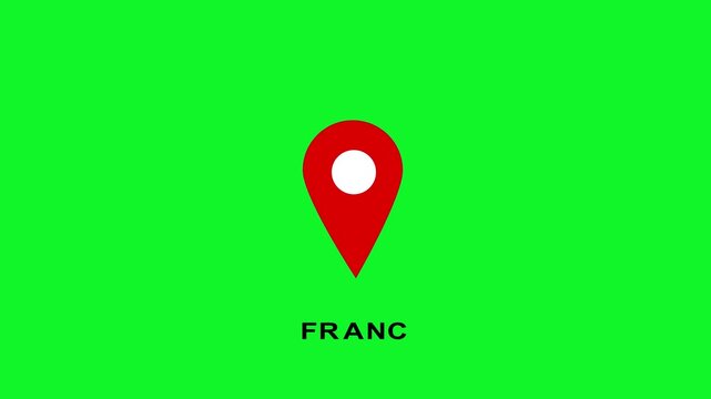 Red map pin location marker with franc text on green screen chroma key background, for travel and, navigation projects