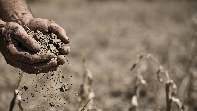 Farmer hands holding dry cracked soil from drought-stricken agricultural field with dead crops