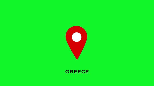 Greece map pin location marker animation on green screen chroma key background, for travel and, navigation concepts