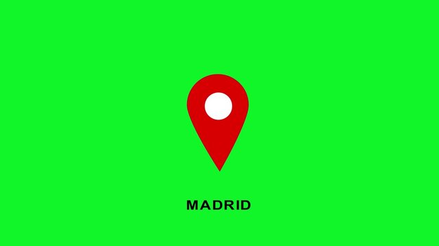 Madrid map location pin on green screen chroma key background, for travel and, navigation map marker, navigation gps pointer