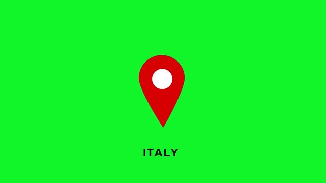 Italy red map pin location marker with text on green screen chroma key background, gps pin destination