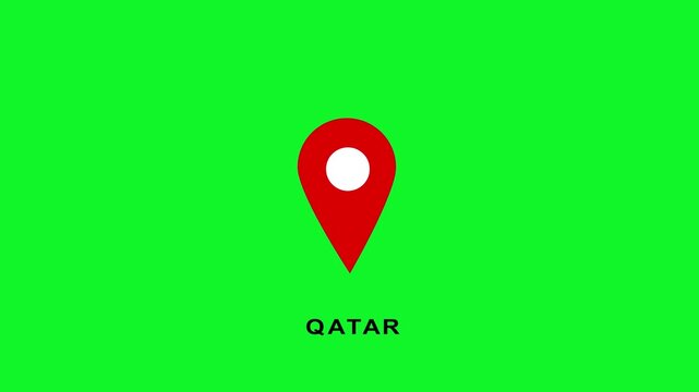Red map pin location marker with qatar text on green screen chroma key background, for travel and navigation