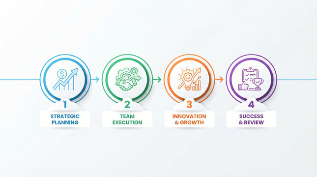 Flat business infographic presentation slide showing horizontal timeline row four colourful circular line vector icons professional management symbols plain white backdrop layout