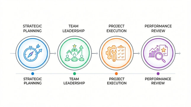 Flat business infographic presentation slide showing horizontal timeline row four colourful circular line vector icons professional management symbols plain white backdrop layout