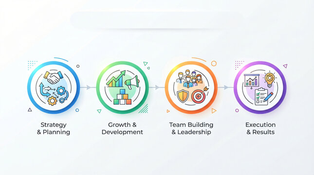 Flat business infographic presentation slide showing horizontal timeline row four colourful circular line vector icons professional management symbols plain white backdrop layout