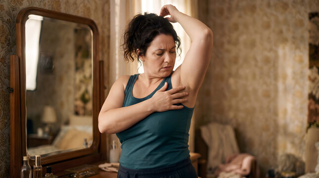 A woman examines her armpit in the mirror with a self-conscious expression, a relatable moment of body insecurity.