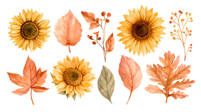 Watercolor autumn sunflowers and fall leaves collection on black background