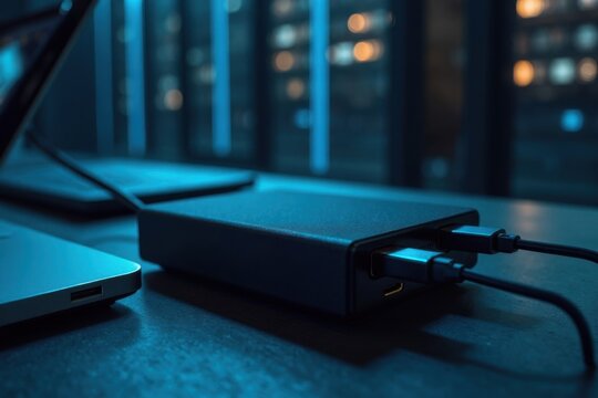 External hard drive connected to laptop for secure digital data storage and backup