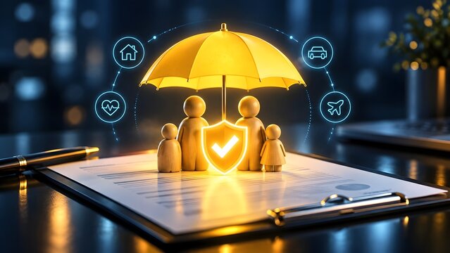 Family figures under a glowing yellow umbrella and security shield with insurance icons on a document clipboard representing comprehensive life and property protection