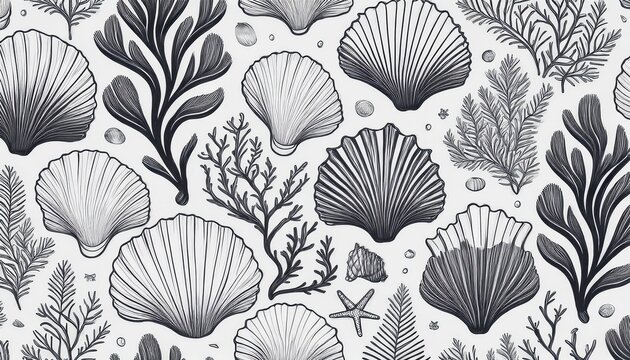 seamless hand drawn marine pattern with seashells and coral branches in grayscale ideal for ocean themed designs textiles packaging and coastal inspired artwork