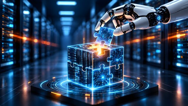 Robotic hand assembling a glowing digital puzzle cube in a server room representing artificial intelligence automation and technology integration